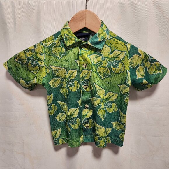 Faded Glory Hawaiian Button Up Shirt Toddler Boy 18M Green Hibiscus Short Sleeve - Picture 1 of 4